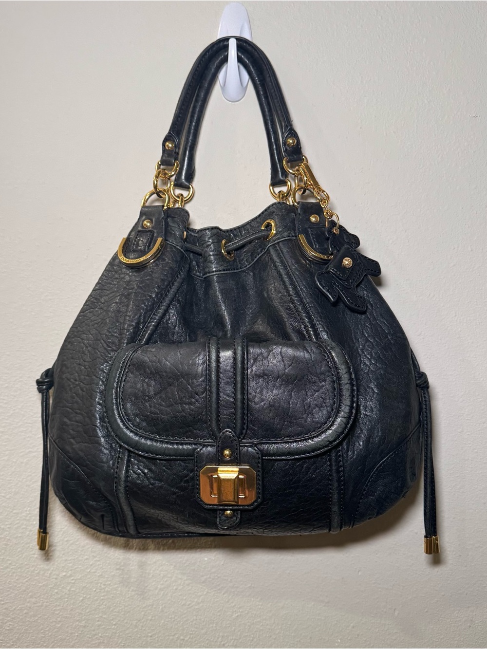 Vintage Y2K Juicy Couture Black Genuine Leather Hobo Shoulder Bag Gold Hardware